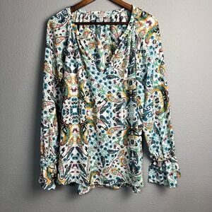 Belle Sky Women's Plus 1X Blue Multi-color Floral Paisley Top Ruffle Cuff Sz XXL